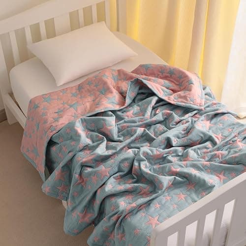 NTBAY 3 Layer Toddler Blanket, Muslin Cotton Jacquard Bed Blankets, Lightweight Thermal Baby Blanket, Super Soft and Warm Crib Blanket for All Seasons, Decoration Gift, 30"x40", Red and Blue Star thumbnail 2