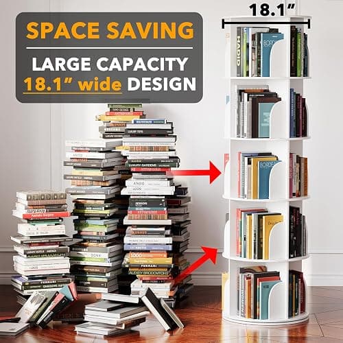 SpaceAid 5 Tier Rotating Bookshelf Tower, Spinning Bookcase Lazy Susan, Revolving 360 Book Shelf Storage Round Carousel, Vertical Rotate Turning Spiral Corner Organizer, White thumbnail 3