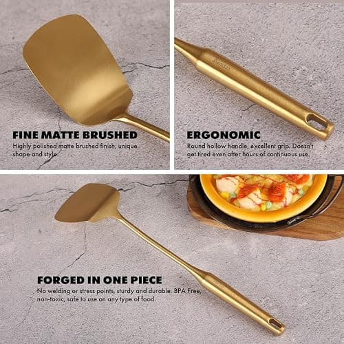Gold Cooking Utensils Set - 18/10 Stainless Steel Small and Large Spoons Set, 16 PCS All Metal Kitchen Tools, Serving Utensils - Whisk, Masher, Fork, Tongs, Spatula, Turner, Ladle, Skimmer, Pasta thumbnail 5