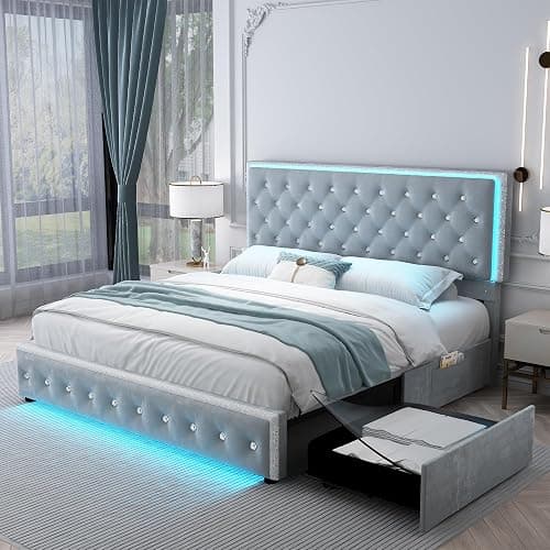 SIBEDS Queen Led Bed Frame with 2 Drawers, Storage Platform Queen Size Upholstered Bed Frames with Crystal Button Tufted Headboard, Solid Slats Support, Noise Free, No Box Spring Needed, Velvet Grey - Image 1