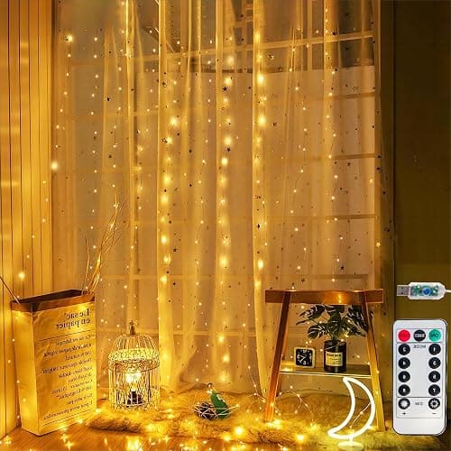 Honche 300Led Fairy Curtain String Lights 10x10ft with Remote Window Lights for Bedroom Wedding Party Festive Season Propose Christmas Decoration(Warm White) thumbnail 7