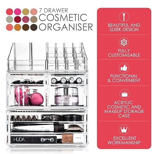 Glamsmacked Professional Clear Acrylic Cosmetic Organiser with Sliding Drawers and Top Storage Tray – Make-Up Organisation - Ideal Valentines Gift for Her (7 Drawer) thumbnail 4