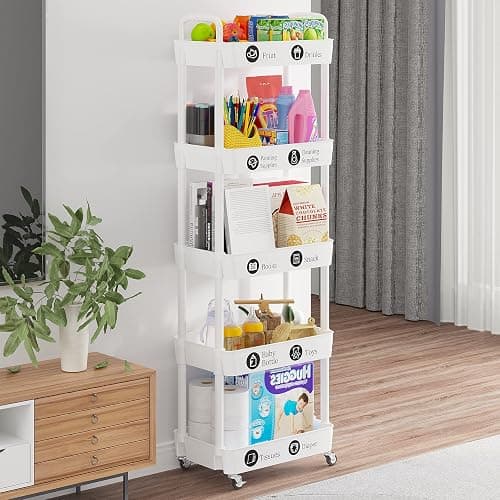 Laiensia 5-Tier Rolling Cart with Wheels,Multifunction Utility Storage Carts, Kitchen Storage Organizer,Mobile Shelving Unit for Bathroom,Laundry,with Classified Stickers,White thumbnail 6