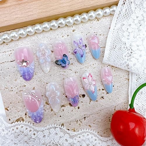 30Pcs Spring Butterfly Press on Nails Medium Almond Purple French Tip Fake Nails with Butterflies Rhinestones Cute Flower Acrylic Nails Spring False Nail Set Floral Full Cover Stick on Nails for Women thumbnail 6
