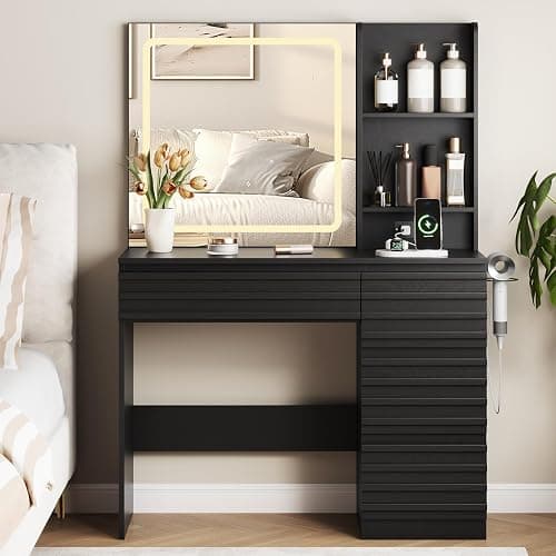 jmhdyg Makeup Vanity Desk with Lights, Fluted Vanity with 4 Drawers, Open Shelves, Power Outlet, LED Lighted Mirror, 3 Lighting Modes & Brightness Adjustable, Wood Dressing Table for Bedroom,Black thumbnail 6