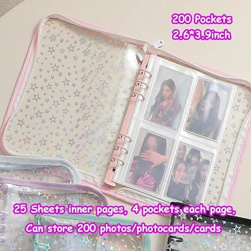 Lora Rossie Kpop Photocard Binder with 6 Stickers Sheet & 50 Shinning Protective Card Sleeves Kpop Photocard Holder Book, A5 Binder Photocard Album 25 Inner Pages with 200 Pockets 6 Ring (Pink) thumbnail 4