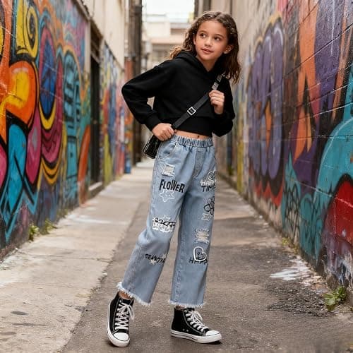 Voxikidio Size 5-10 Years Girls 3PCS Fashion Outfits Set - Cropped Hoodie + Cami Top + Printed Jeans 3-Piece Set thumbnail 2