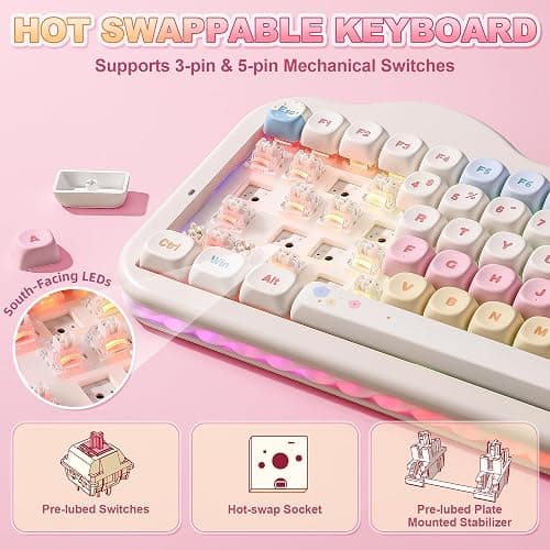 YUNZII C75 Wireless Mechanical Keyboard, 75% Layout Hot Swappable Creamy Keyboard NKRO, PBT MOA Keycaps RGB Backlit Gasket Mount, Cute Cake Design BT5.0/2.4G/USB-C (Beige, Milk V2 Linear Switch) thumbnail 6