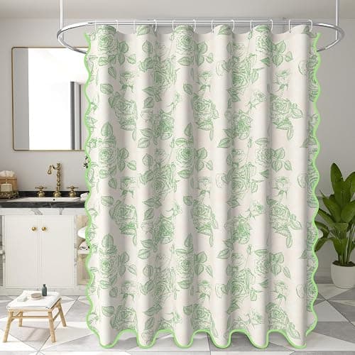 NAEMBCU Floral Scalloped Shower Curtain with 12 Hooks 71x74Inches - Green Flower Rose Pattern, Waterproof Fabric Bath Curtain for Modern, Farmhouse and Elegant Bathrooms Decor thumbnail 6
