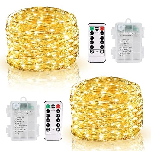 DBFAIRY 2 Pack Fairy Lights Battery Operated with Remote Control, 10M 100 LED Twinkle Lights Waterproof Silver Wire String Lights 8 Modes Dimmable for Bedroom Party Decoration (Warm White) - Image 1