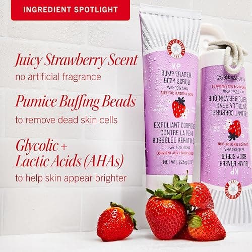 First Aid Beauty - KP Bump Eraser Body Scrub with 10% AHA, Keratosis Pilaris Exfoliator with Glycolic and Lactic acids, Helps Reduce Chicken Skin Bumps, Safe for Sensitive Skin, Strawberry Scent, 8 oz thumbnail 5