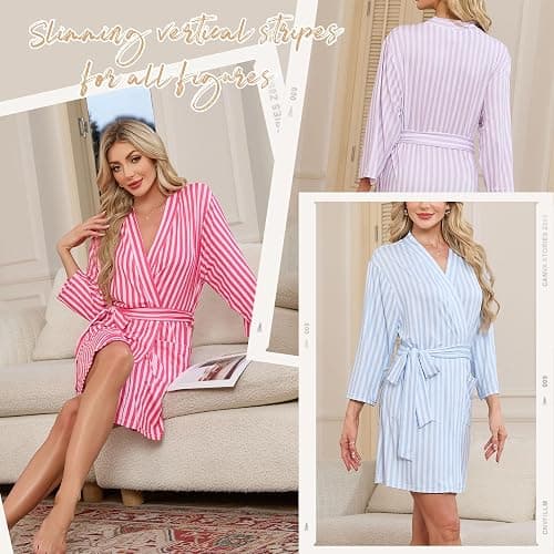 LYCY Robes for Women Striped Short Bathrobe, Soft Lightweight Kimono Robe with Pockets thumbnail 4