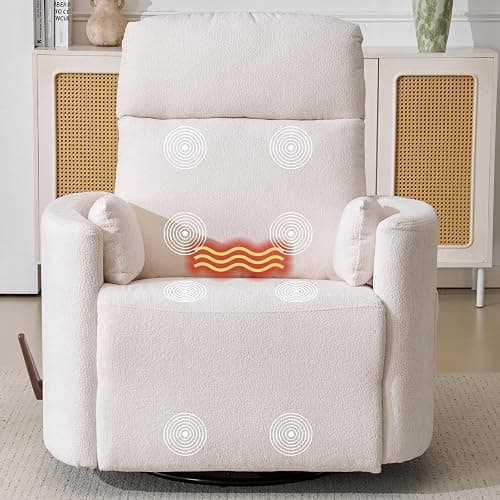 Rhevoy Oversized Swivel Recliner Chair with Massage and Heat, Rocking Chair Nursery with Adjustable Headrest, Rocking Chair Nursery Glider Chairs with 2 Pillows, Glider Rocker Recliner, White - Image 1