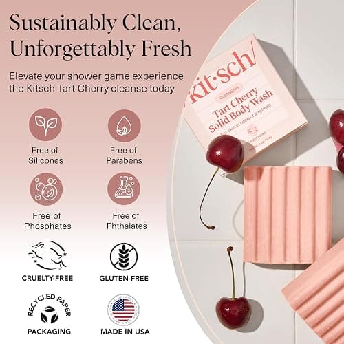 Kitsch Cleansing Tart Cherry Soap Bar with Refreshing Scent - Eco-Friendly Body Wash Women Love - Cherry Solid Bar Soap for Daily Use - Silicone, Sulfate and Paraben Free, Made in USA - 4oz thumbnail 7
