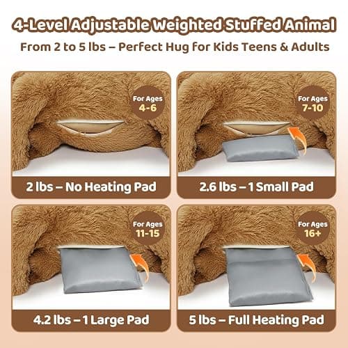 Weighted Stuffed Animals with Microwavable Heating Pad - 5lb Adjustable, Heatable & Coolable Brown Bear Stuffed Animal for Hug, Removable Inner Pad, 23 Inch Perfect Plush Gift for Kids & Adults thumbnail 7