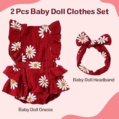 BABESIDE 2 Pcs Reborn Baby Doll Clothes for 17-22 Inch Dolls, Baby Doll Outfit Accessories with Floral Pattern fit Realistic Babydolls Girl Boy, Wine Red thumbnail 5