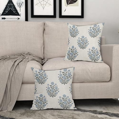 Grandmillennial Pillow Covers 18x18 Inch Set of 2 Blue Floral Block Print Cotton Linen Decorative Throw Pillow Case Grand Millennial Cushion Cover for Bedroom Sofa Living Room Chair Home Decor thumbnail 7