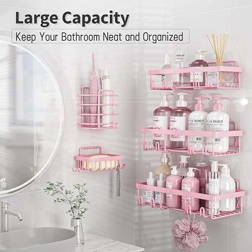 Liuoud 5 Pack Shower Caddy Organizer Rack Shelf for Inside Shower, Adhesive Bathroom Wall Storage Basket Rustproof Stainless Steel Shampoo Holder, Girly Bathroom Accessory Decor Set, Pink thumbnail 3