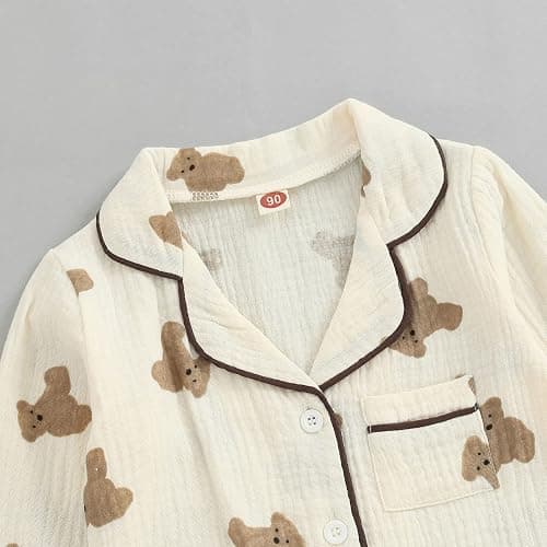 BULINGNA Kids Toddler Girl Boy Two Piece Pajamas Set Button Down Pajama Shirt Top Pants Shorts Bear Sleepwear Pjs Set thumbnail 4