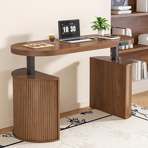 Xyulmeo Mid Century Modern Electric Standing Desk with Storage, 55 x 22 Inch Small Sit Stand Up Desk, Wood Adjustable Height Computer Executive Desk for Home Office, Laptop, Walnut thumbnail 3