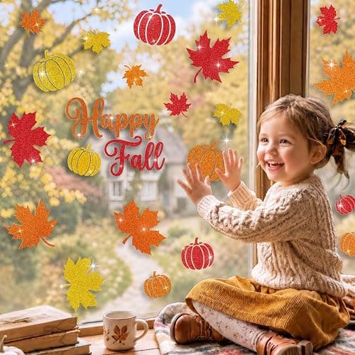 Glitter Fall Window Clings Autumn Thanksgiving Window Stickers Decals Decor | 6 Sheets Window Decals with Sparkling Powder, Happy Fall Decorations for Home Office School Classroom Kids Room Indoor Party thumbnail 6