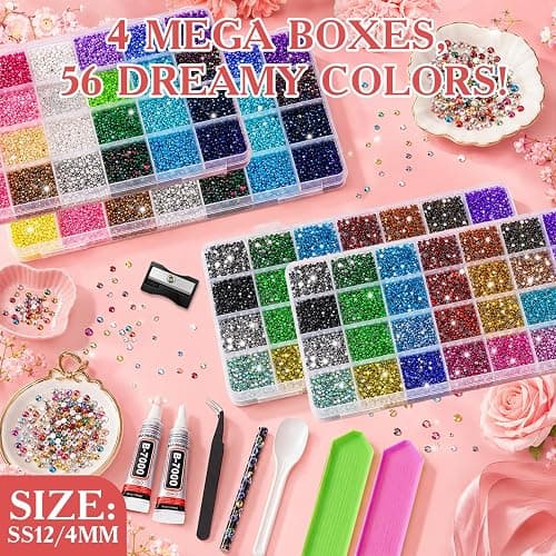 100000Pcs Bedazzling Kit with 4MM Rhinestones, 4 Boxes 56 Colors Flatback Crystal Gems Glass Diamonds with 3 B7000 Glues, Wax Pen, Tweezers, Trays for Nail Art, DIY Crafts, Tumbler Bling, Fabric Decor thumbnail 3