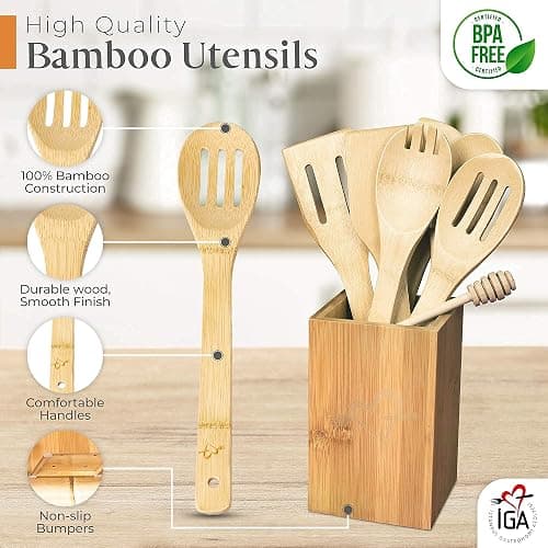IGA Organic Bamboo Cooking Utensils Set Spoons, Spatulas With Holder For High Heat Resistant In Nonstick Pots, Pans & Cast Irons Skillets (8-Piece Set) Great Gift Idea For Everyday Use thumbnail 4