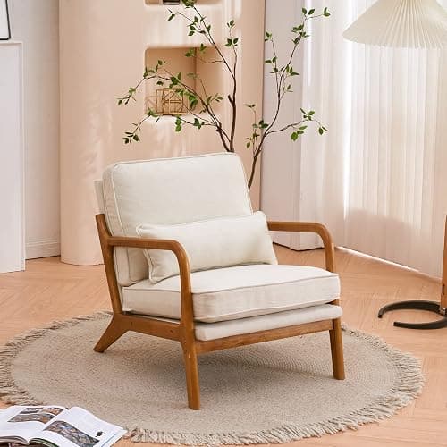 Karl home Accent Chair Mid-Century Modern Chair with Pillow Linen Fabric Upholstered Lounge Arm Chair with Solid Wood Frame & Soft Cushion for Living Room, Bedroom, Balcony, Beige - Image 1