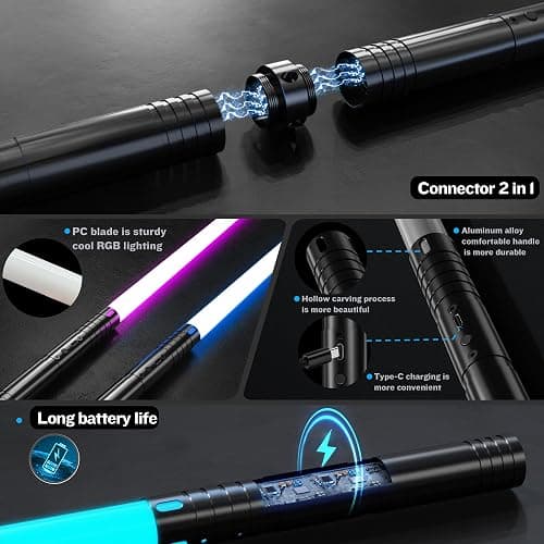 LCMAOKE 2 Pack Light Saber, 15 Colors and 4 Modes Light up Light Saber for Dueling, 2-in-1 RGB Detachable USB Charge, Gifts Toys for Adults Birthday Christmas Thanksgiving thumbnail 4