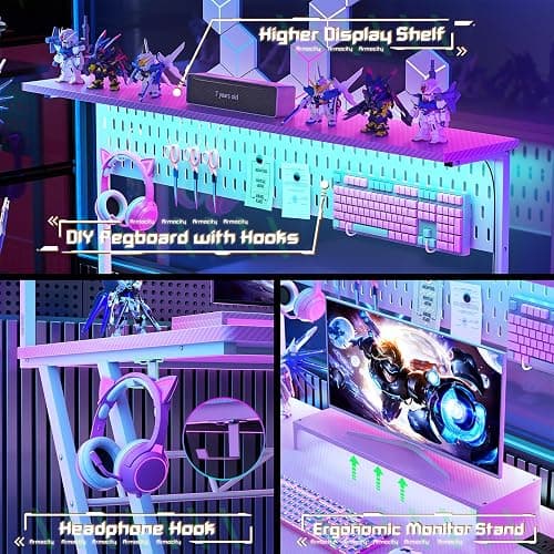 Armocity Pink Gaming Desk with Hutch and LED Lights, 53" Computer Desk with Storage Shelves, Reversible PC Gaming Desk with Pegboard, Gamer Desks for Bedroom, Carbon Fiber Surface thumbnail 5