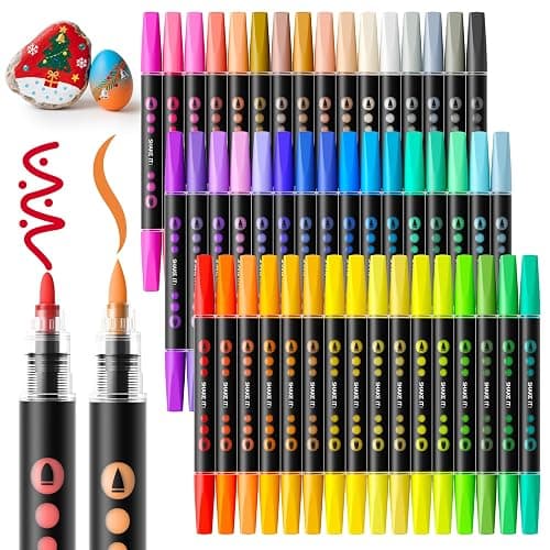 SUNEE 48 Colors Acrylic Paint Markers, Dual Tip Bullet & Brush Paint Pens with Automatic Ink Control System, Art Supplies for Adults & Teens, for Rock, Wood, Canvas, Glass Creative Projects - Image 1