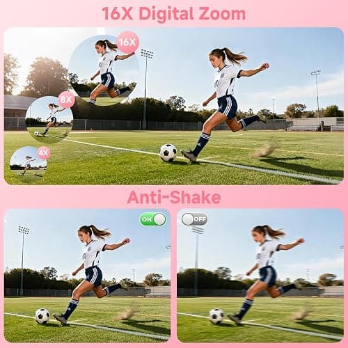 5K Digital Camera for Photography,UHD 75MP WiFi Vlogging Camera for YouTube,Compact Camera with 3" 180°Flip Screen,64GB SD Card,16X Digital Zoom,2 Batteries,Perfect for Beginners and Teens,Pink thumbnail 5