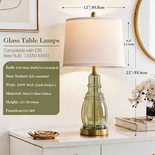 ROTTOGOON Glass Table Lamp Set of 2, Modern Table Lamps for Living Room Bedroom, Bedside Desk Lamps Vintage Nightstand Lamps with Linen Shades, 22", Green thumbnail 2