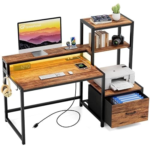 GreenForest Computer Desk with Drawers and Monitor Stand, Home Office Desk with Storage Shelves, Small Gaming Desk with Power Outlets and LED Lights for Study Writing Working, 51 inch Walnut - Image 1