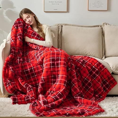 MAXEVE Heated Electric Blanket, 50"x60" Faux Fur Fast Heating Throw Blankets with 8 Heating Levels & 8 Hours Auto Off with Over-Heat Protection & ETL Certified, Plaid Red thumbnail 3