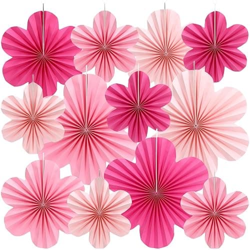 JULBEAR 12pcs Pink Paper Flowers Fans, Paper Fans Hanging Ornaments, Paper Flowers Decorations for Wall, Paper Fans Party Decorations for Spring Wedding Baby Shower - Image 1