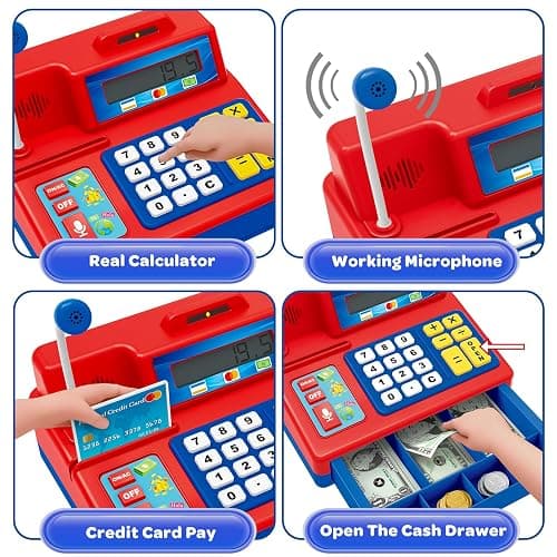Bstoyder Calculator Cash Register Toy Gift for Kids Age 3, 4, 5, 6, 7, 8+ Year Old, 103 Pcs Grocery Store Playset with Microphone, Credit Card, Cash Register for Toddlers Kids 4-8 thumbnail 4