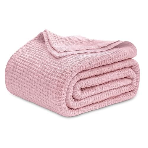 Bedsure Gentlesoft 100% Cotton Blanket Queen Size for Bed - Breathable and Soft, Thick Cozy Waffle Weave Christmas Blanket Gift for Women, Pink, 90x90 Inches - Image 1
