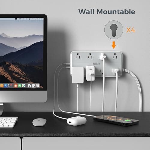 Power Strip Surge Protector 10 FT, TESSAN Flat Plug Extension Cord with 8 Outlets 3 USB Ports(1 USB C), 1080Joules Wall Mountable Multi Port Charging Station for Home Office Dorm Room Essentials - Gray - 10FT-1080J surge protection thumbnail 7