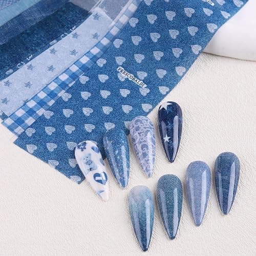 FSpronail Denim Nail Foil Transfer, 10 Rolls/Box Blue Jeans Prints Plaids Nail Stickers Foil Transfer Sheets Hearts Stars Decals Starry Paper Punk Decoration Manicure Wraps Pegatinas Uñas Salon Supply thumbnail 6