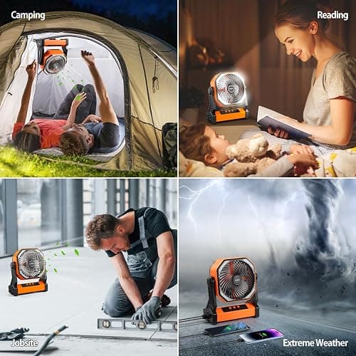 20000mAh Camping Fan, Rechargeable Battery Operated with 360° Rotatable Hook, 400 Lumes Light, 270° Pivot, 4 Speeds, 58Hrs Battery Powered Fan for Outdoor Tent Car Trip BBQ Hurricane Power Outages thumbnail 7