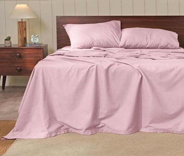 RUVANTI 100% Cotton Percale Sheets Queen, Dusty Rose | Crisp Cooling Summer Bed Sheets, Deep Pocket 14", Soft Peach Finish, Breathable & Durable Hotel-Style, 4 Piece Set thumbnail 2