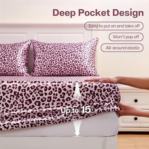 MR&HM Satin Fitted Sheet King Size, Silky Bottom Sheet with Elastic Corner Straps, Deep Pocket up to 15 Inch, No More Slipping Off for Mattress - 1 Fitted Sheet Only (Pink Leopard) thumbnail 5