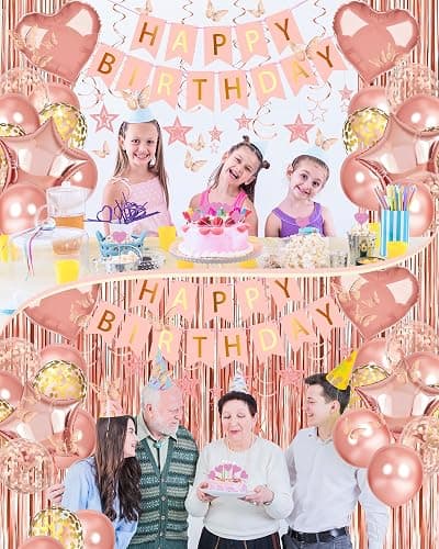 Lutoys Rose Gold Happy Birthday Party Decorations, Happy Birthday Banner, Rose Gold Foil Heart Star Confetti Balloons Curtain Backdrop Hanging Swirls Party Decor for Girls Women Princess thumbnail 3
