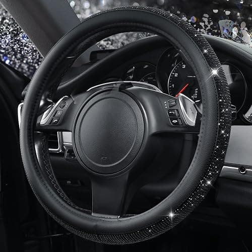 CAR PASS Bling Diamond Leather Steering Wheel Cover, With Sparkly Crystal Glitter Rhinestones Universal Fit 14"1/2-15" Car Wheel Protector for Women Girl Fit Suvs,Vans,Sedans,Car,Trucks, Black Diamond thumbnail 6