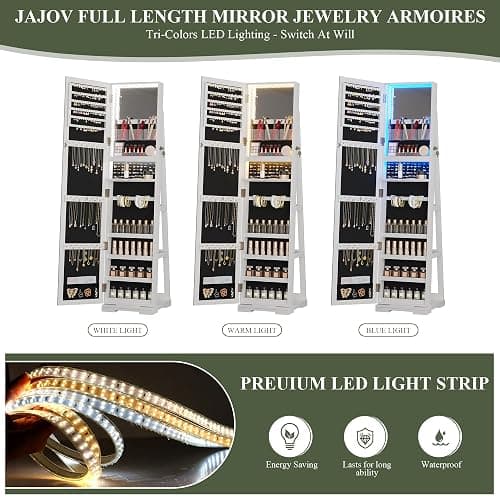 jajov 63" Mirror Jewelry Cabinet with Lights, 360° Swivel Frameless Full-Length Mirror Jewelry Armoire Organizer Standing, Rear Storage Shelves – White thumbnail 6