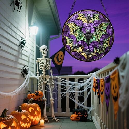 HWRHTR Stained Glass Window Hanging - Halloween Decorations Bats Suncatcher for Doors Garden Indoor Spooky Funny Purple Sun Catchers Gothic Decor Horror Gifts for Women Men Friend 9.8 in thumbnail 4