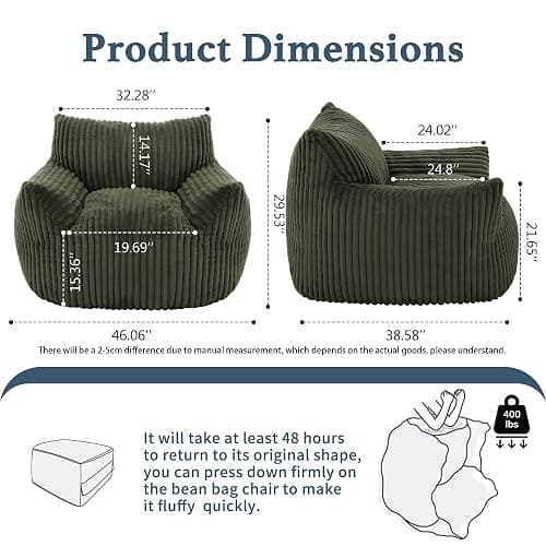 Gericco Giant Plush Bean Bag Chair for Adults with Armrests - Oversized Comfy Green Beanbag Lounge Lazy Floor Sofa Accent Chair for Living Room, Bedroom & Dorm, Cozy Fluffy Single Cloud Mini Couch thumbnail 2