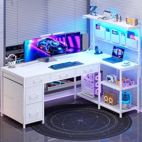 SEDETA Corner Computer Desk, Reversible L Shaped Computer Desk with Fabric Drawers and Power Outlet, 47.2” Gaming Desk with LED Lights, Storage Shelves and Hutch, White - Image 1