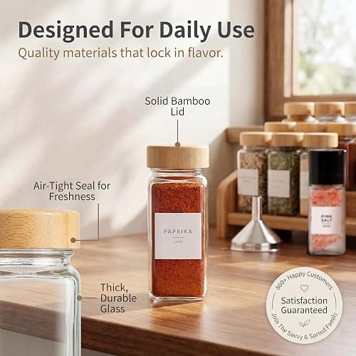 SAVVY & SORTED Glass Spice Jars with Label, 24PK Bamboo Jar Spices Set 4oz, 374 Spice Labels, Pepper Grinder, Empty Herb Seasoning Containers, Funnel and Shaker Lids thumbnail 4